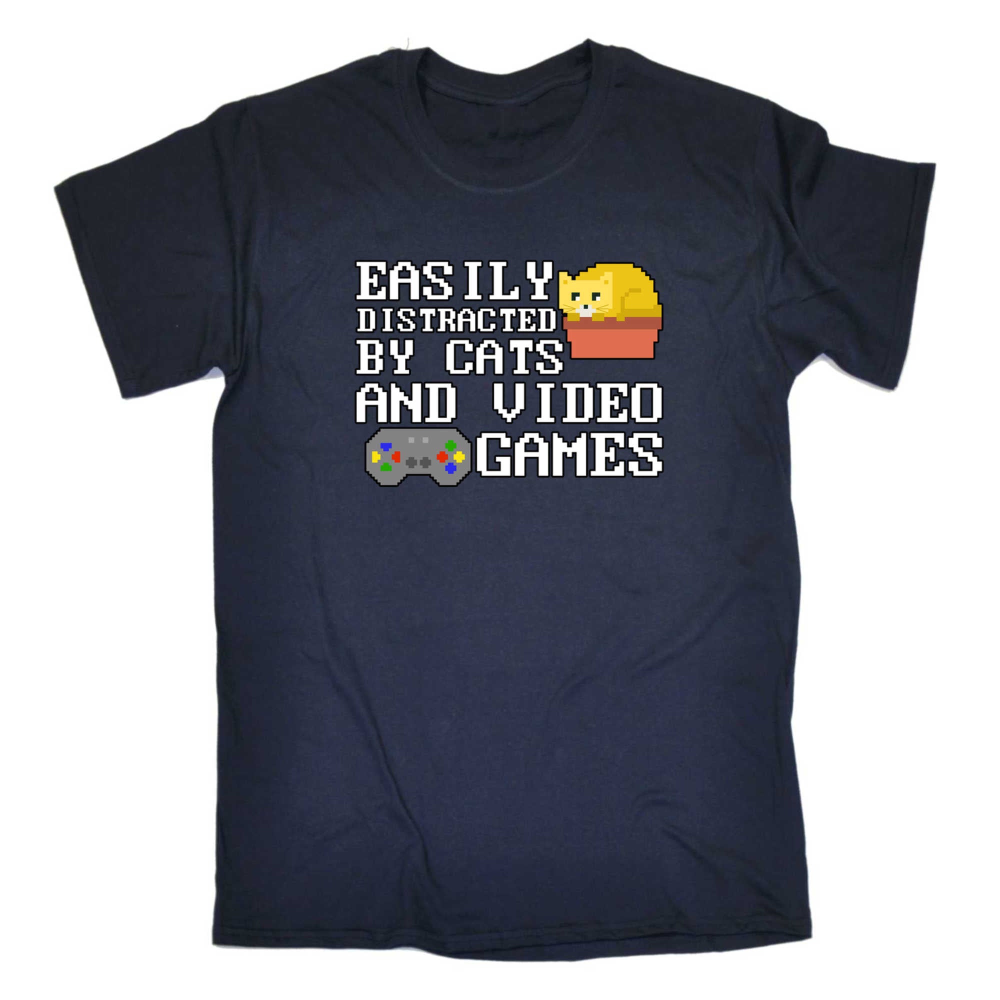 Easily Distracted By Cats And Video Games - Mens 123t Funny T-Shirt Tshirts