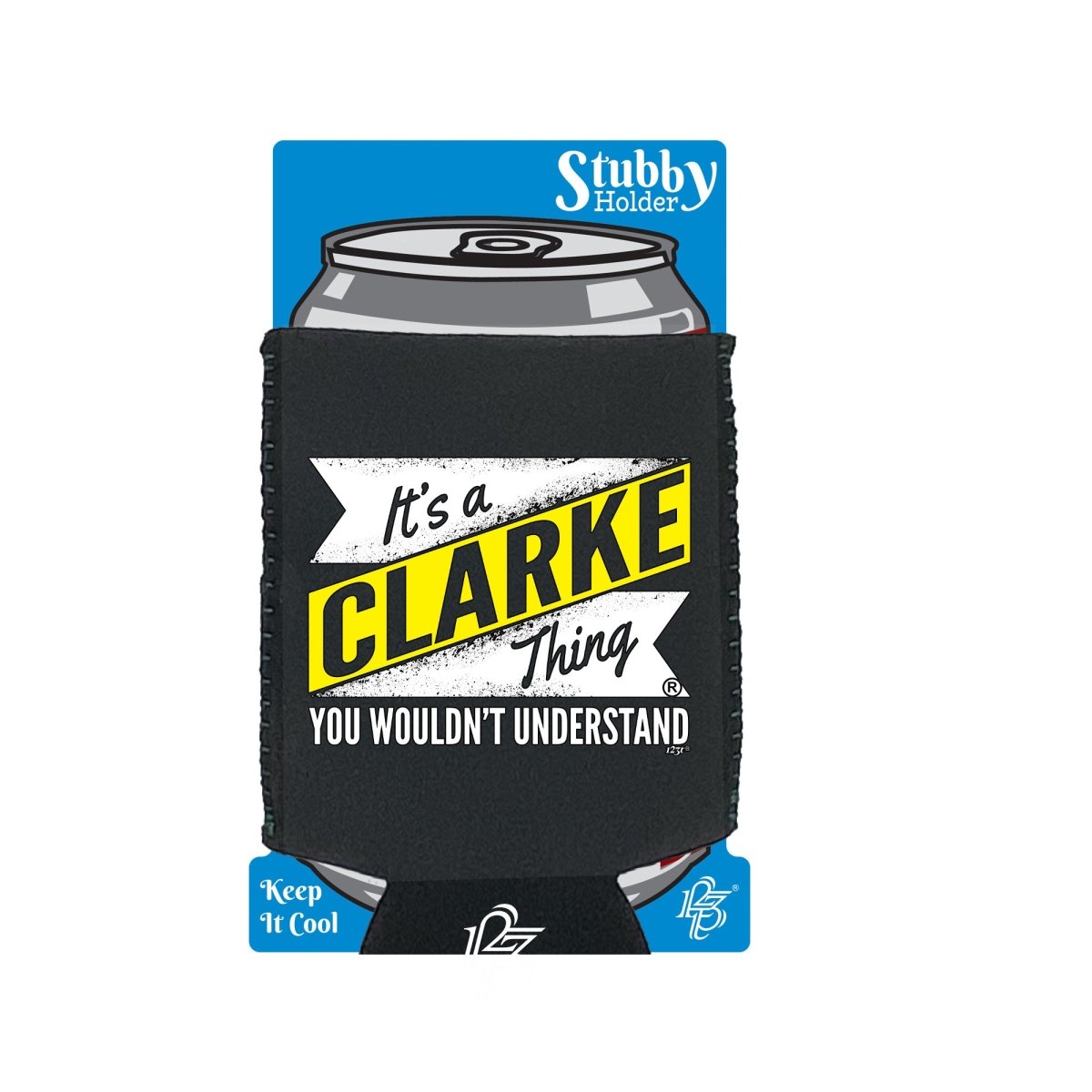 Clarke V2 Surname Thing - Funny Novelty Stubby Holder With Base - 123t Australia | Funny T-Shirts Mugs Novelty Gifts