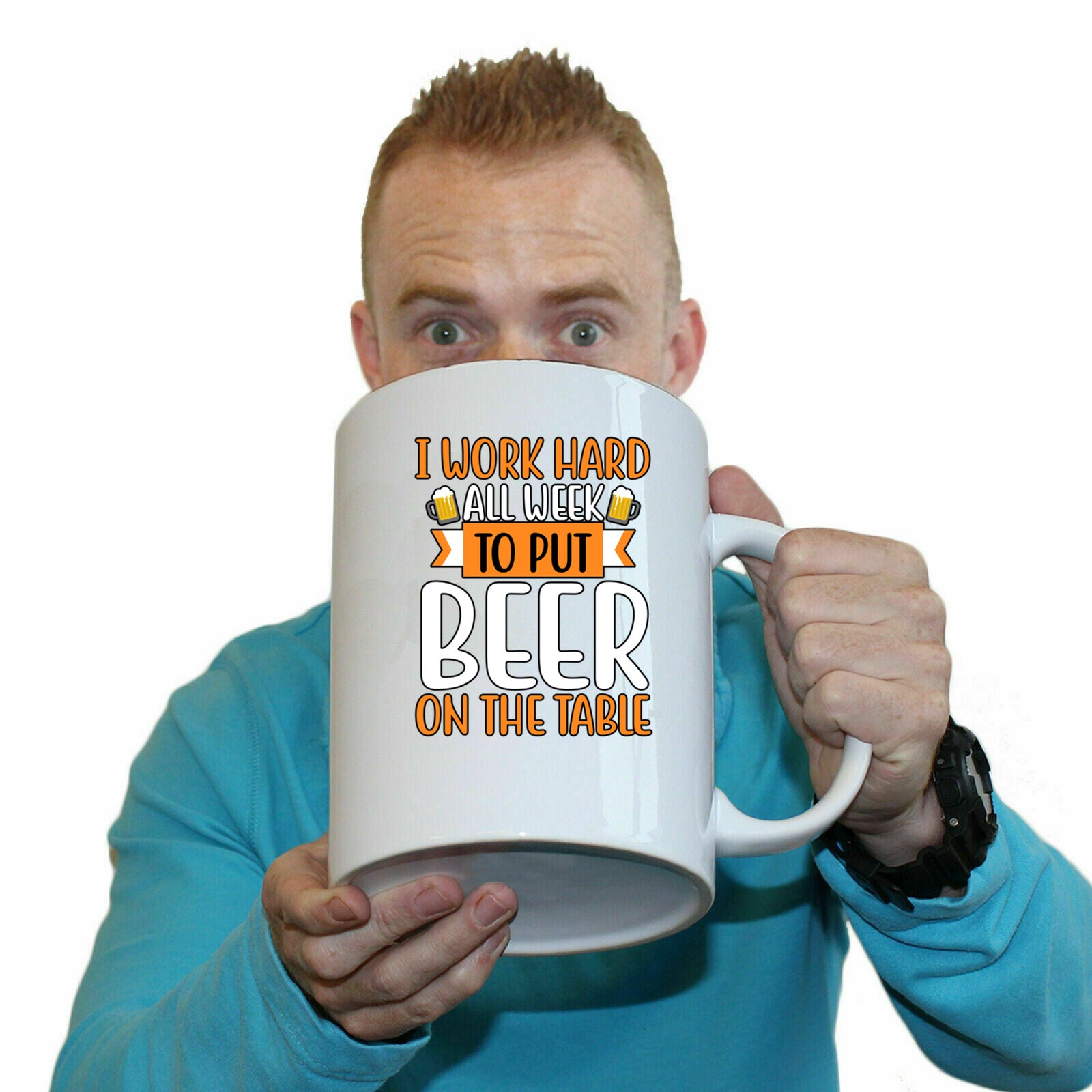 I Work Hard All Week To Put Beer On The Table - Funny Giant 2 Litre Mug