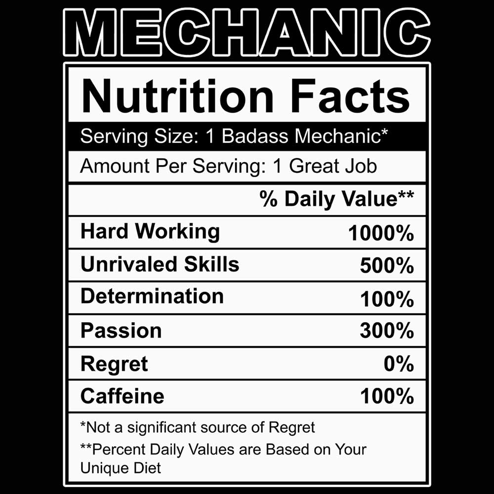 Mechanic Nutrition Facts - Mens 123t Funny T-Shirt Tshirts