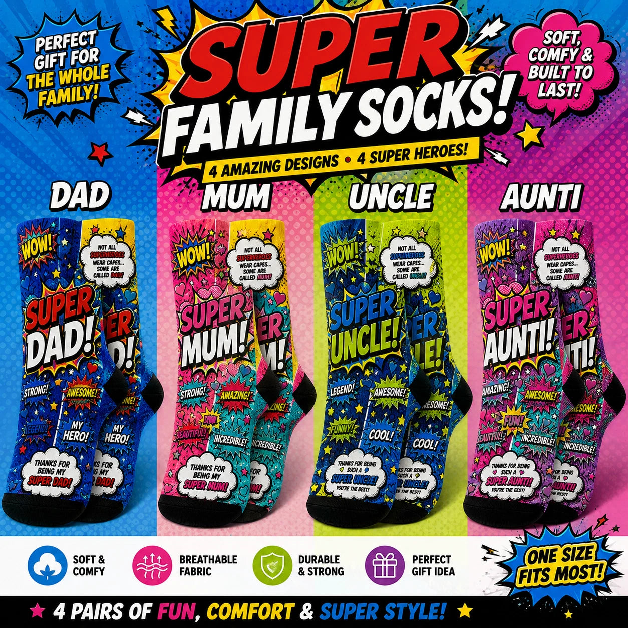 SUPER FAMILY FUN SOCKS Christmas Gifts Mum Dad Uncle Aunti Funny Birthday Gift