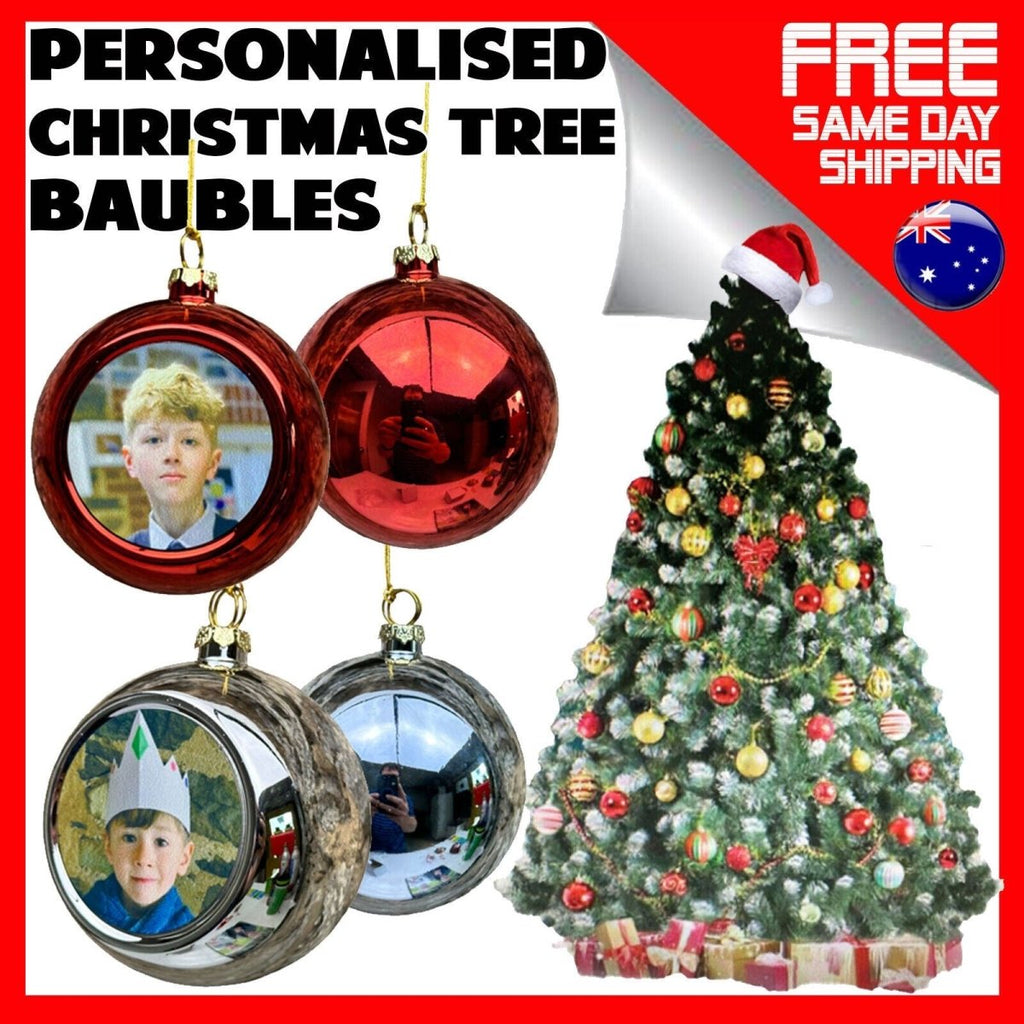 4 x Christmas Tree Baubles Decorations Personalised Photo Xmas Hanging Bauble - 123t Australia | Funny T-Shirts Mugs Novelty Gifts