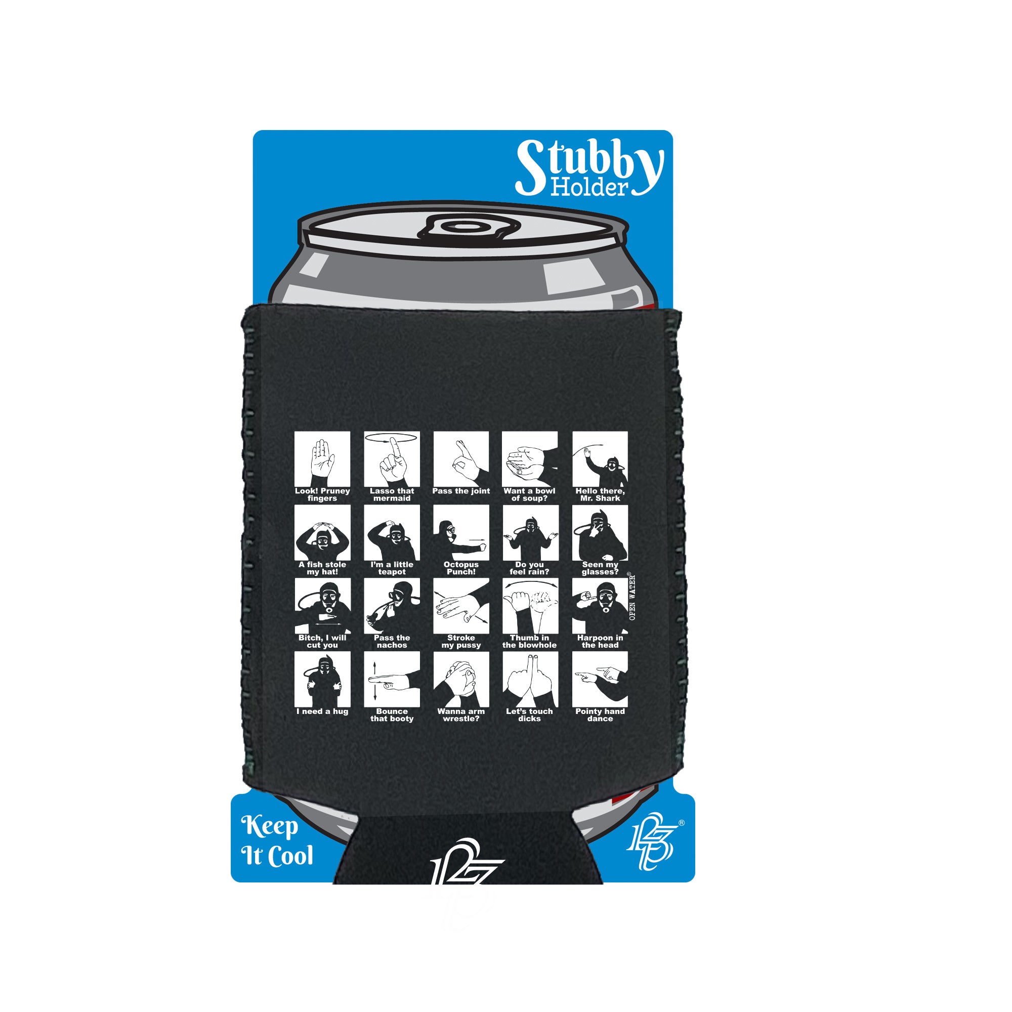 Ow Hand Signals Diver - Funny Stubby Holder With Base