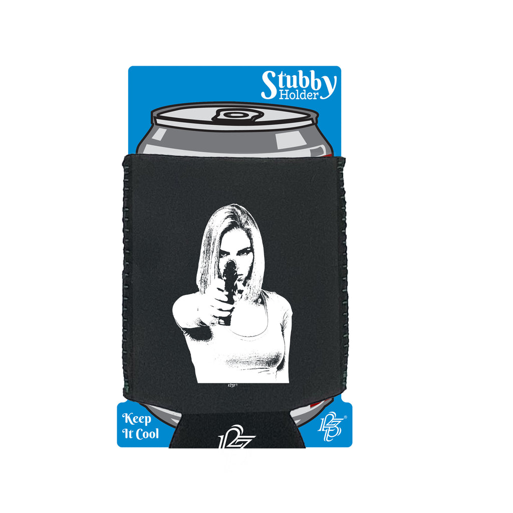 Girl Shooting Blond Gangster - Funny Stubby Holder With Base