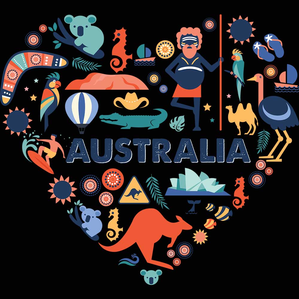 Australia Love Heart Icons Ozzie Country - Mens 123t Funny T-Shirt Tshirts