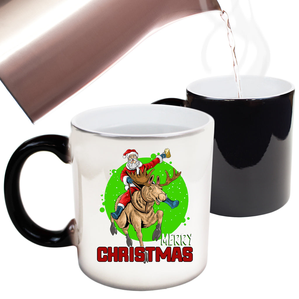 Merry Christmas Santa Riding Reindeer Beer - Funny Colour Changing Mug