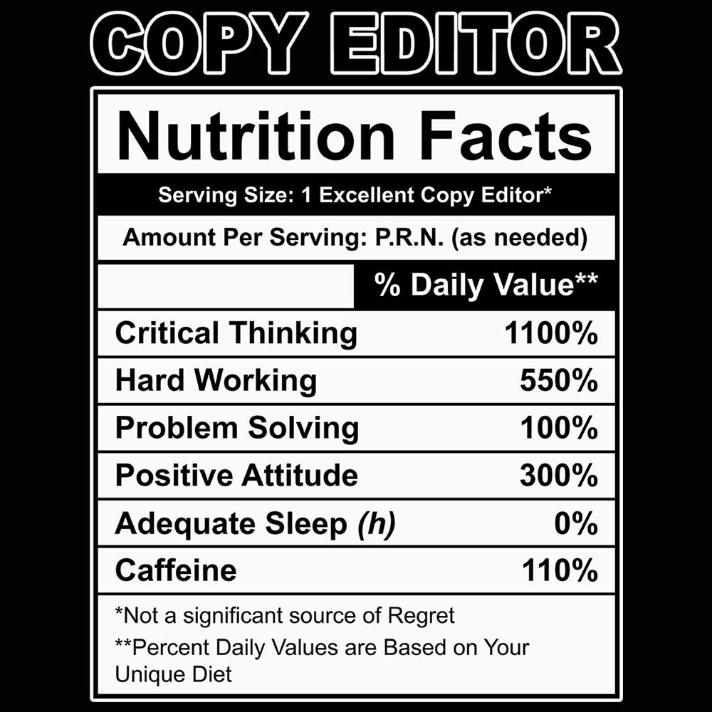 Copy Editor Nutrition Facts - Mens Funny T-Shirt Tshirts - 123t Australia | Funny T-Shirts Mugs Novelty Gifts