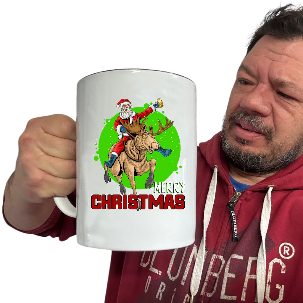 Merry Christmas Santa Riding Reindeer Beer - Funny Giant 2 Litre Mug