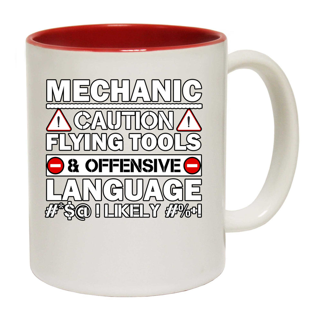 Mechanic V2 Caution Flying Tools & Offensive Language Likely - Funny Coffee Mug