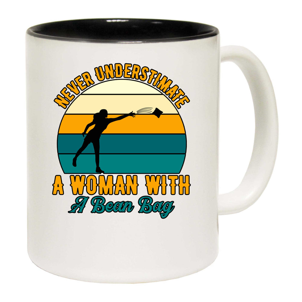 Never Understimate A Woman With A Bean Bag Cornhole - Funny Coffee Mug