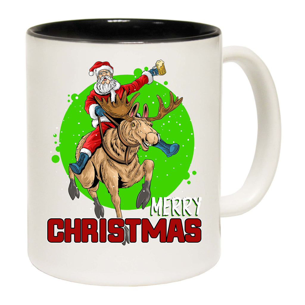 Merry Christmas Santa Riding Reindeer Beer - Funny Coffee Mug