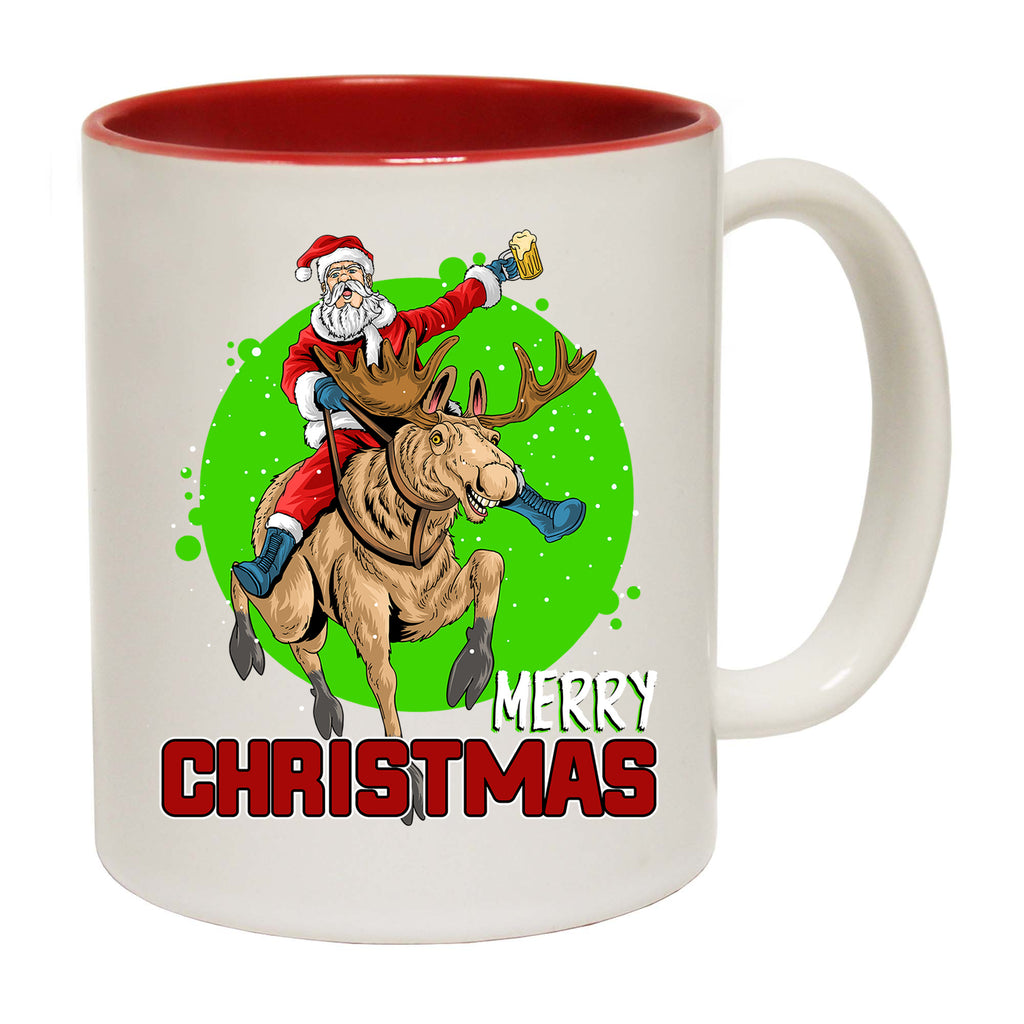 Merry Christmas Santa Riding Reindeer Beer - Funny Coffee Mug